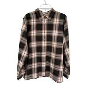 Foxcroft Blouse Women’s 16 Black Brown Cream Plaid Wrinkle Free Used Career